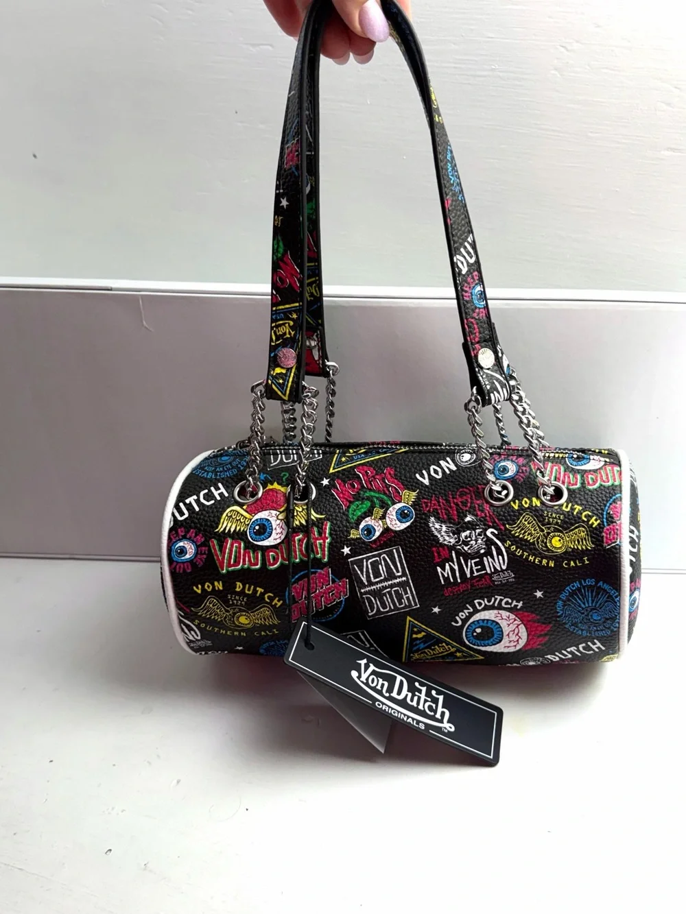 Von Dutch NWT Y2K Tattoo Graphic Black Barrel Shoulder Bag Tattoo Graphic